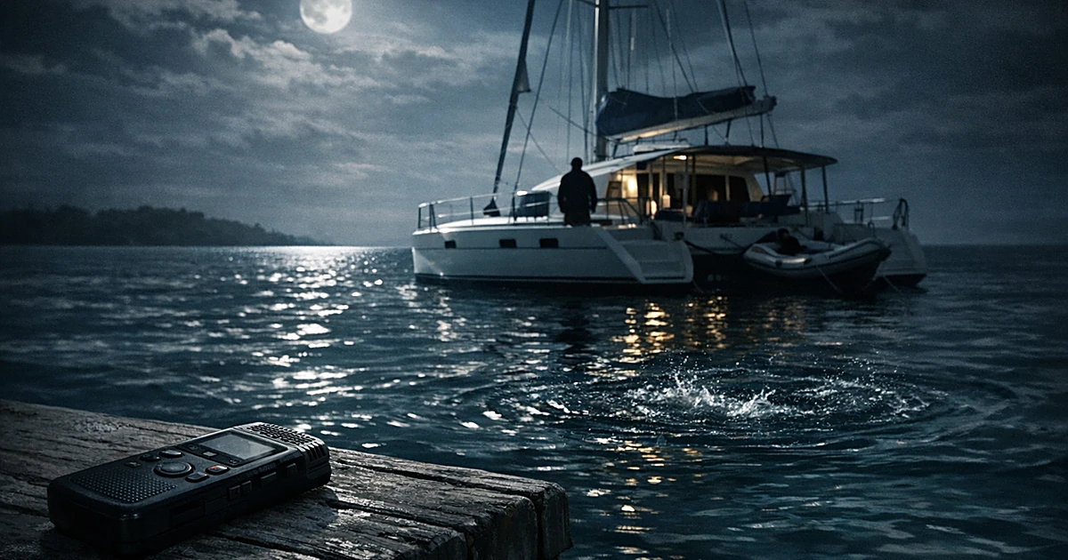 Catamaran anchored at night in Bahamas waters with audio recorder in foreground and figure silhouette on deck