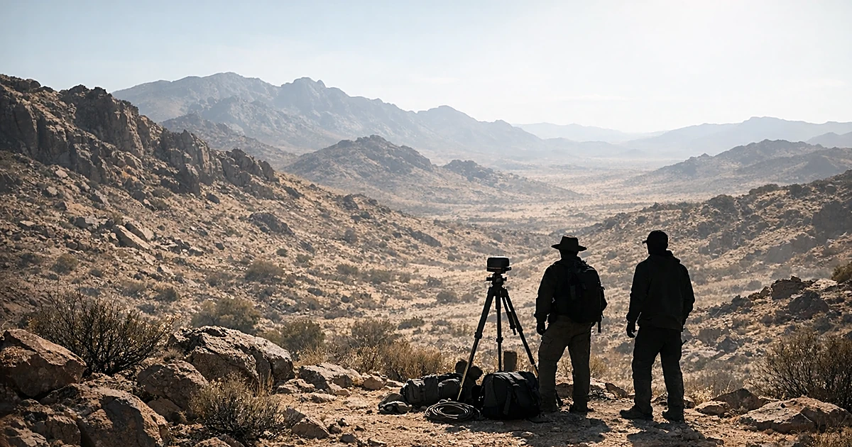 Remote desert wilderness with silhouetted figures conducting geological fieldwork among rocky terrain