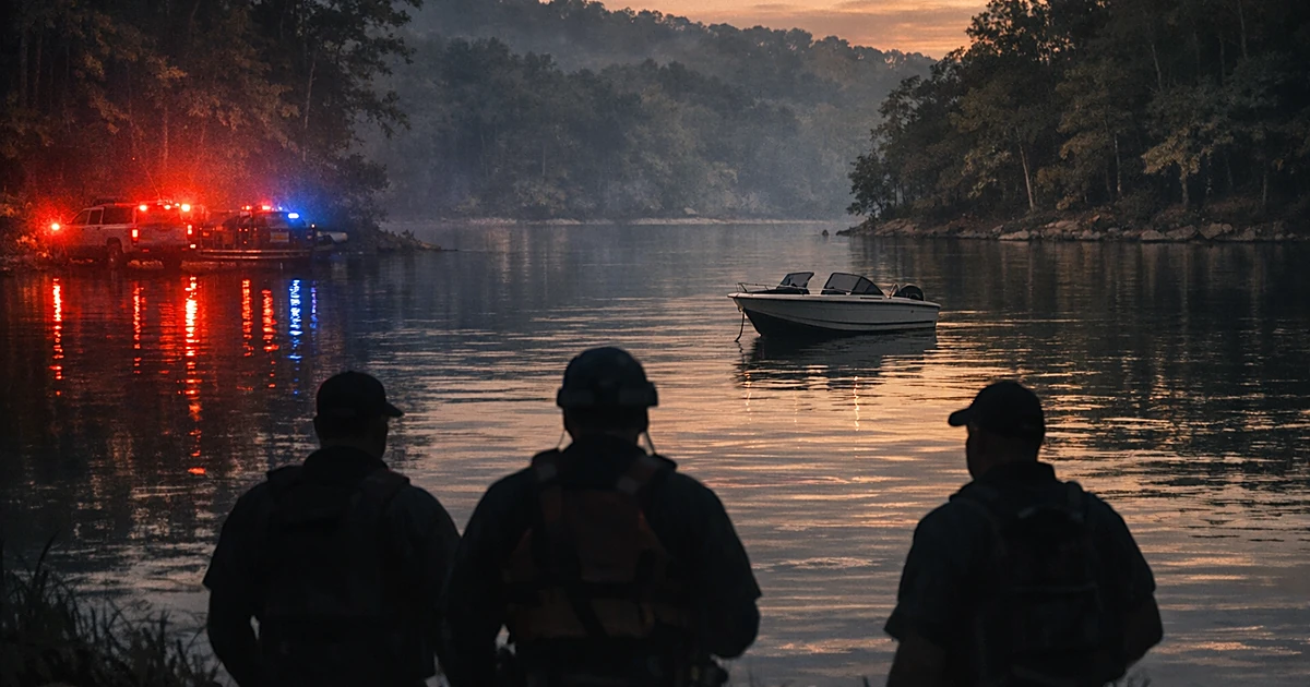 Empty boat on dark lake water with silhouetted rescue personnel on shore and emergency lights reflecting at dusk