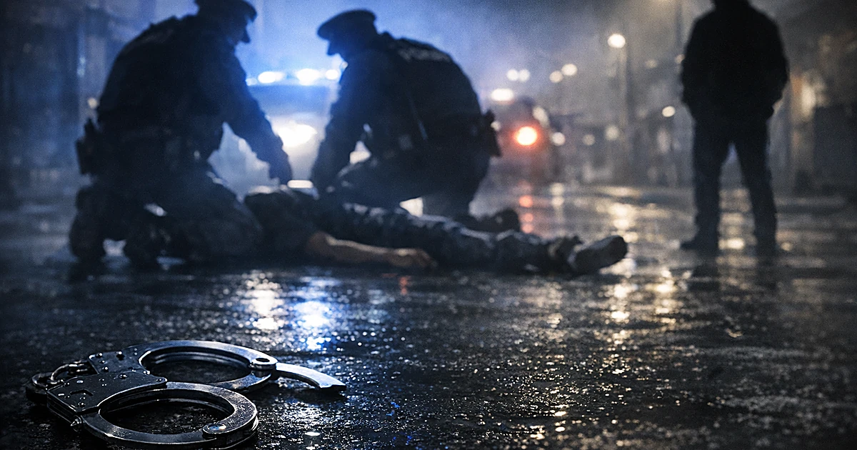 Police silhouettes standing over person on street at night while another figure stands apart in shadows