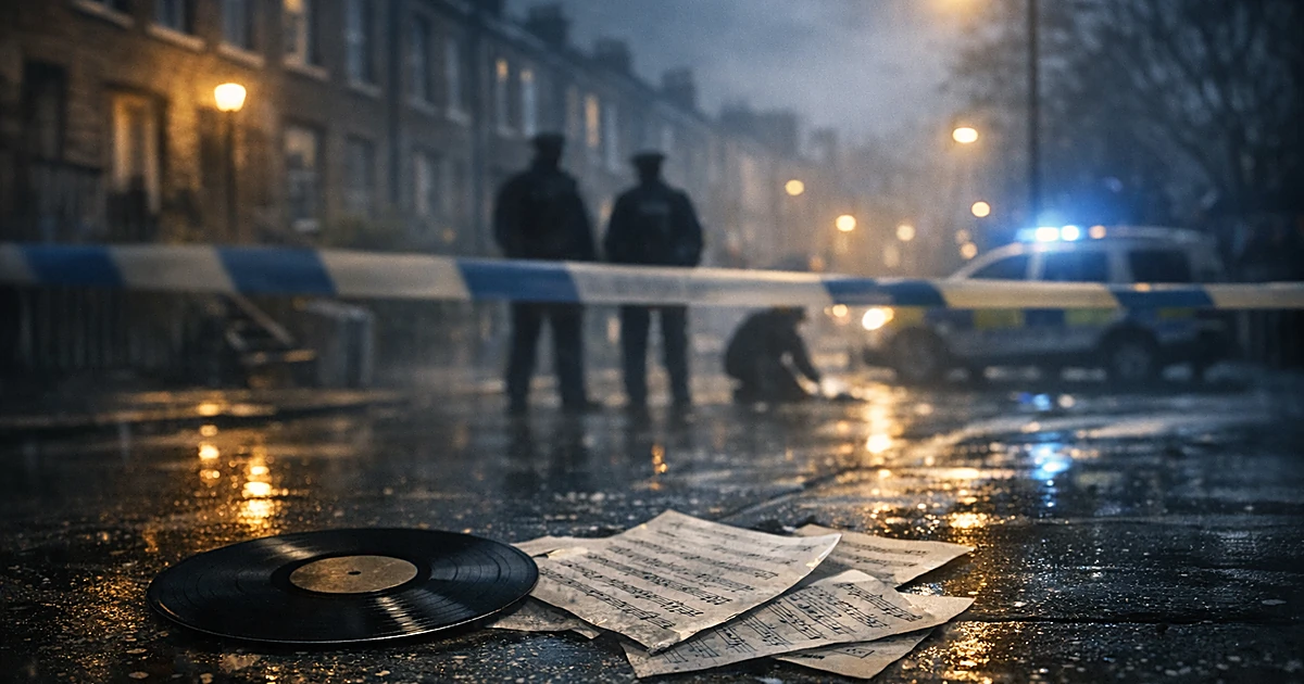 Vinyl record and sheet music on wet London street with police tape, evening lighting, brick buildings in background
