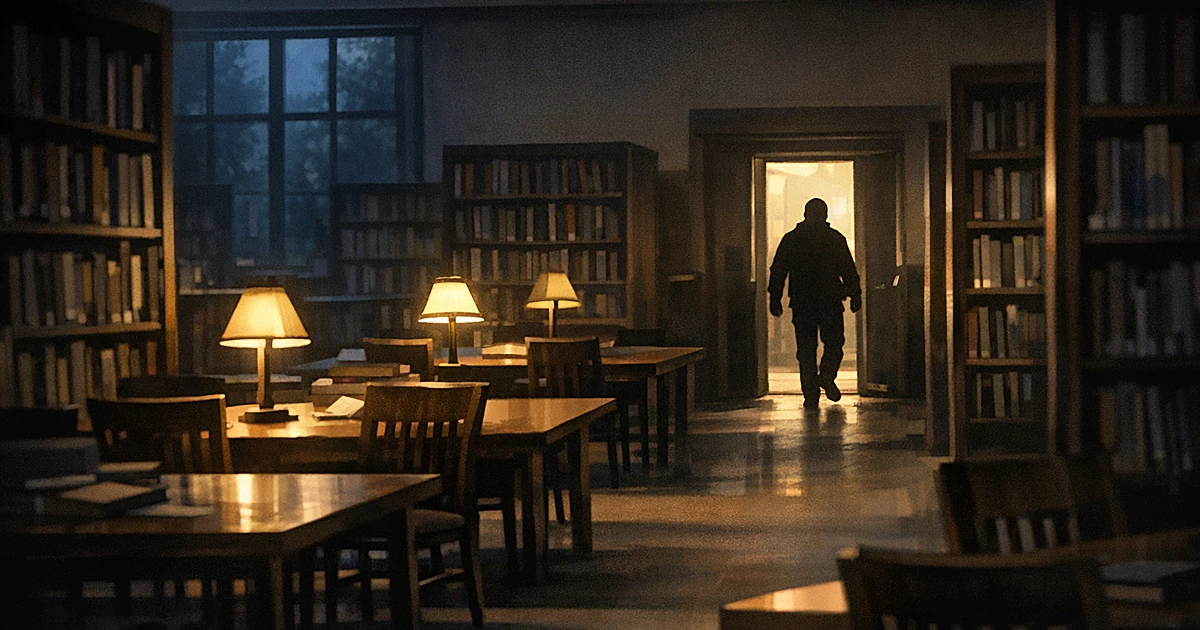 Empty library interior with bookshelves and reading tables in dim evening light, silhouetted figure in doorway