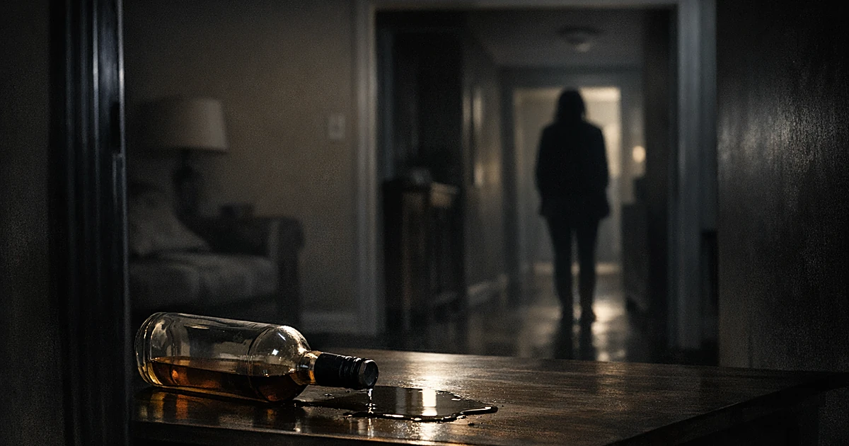 Dark home interior with overturned liquor bottle on table, silhouetted figure in distant hallway