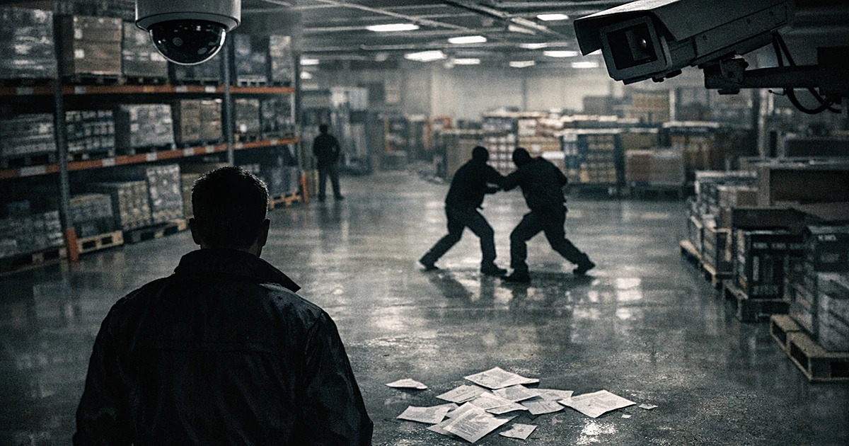 Security camera view of warehouse store interior with silhouetted figure and surveillance cameras overhead