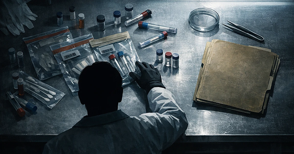 Silhouetted lab analyst at forensic evidence table with DNA samples and case files in dim laboratory lighting