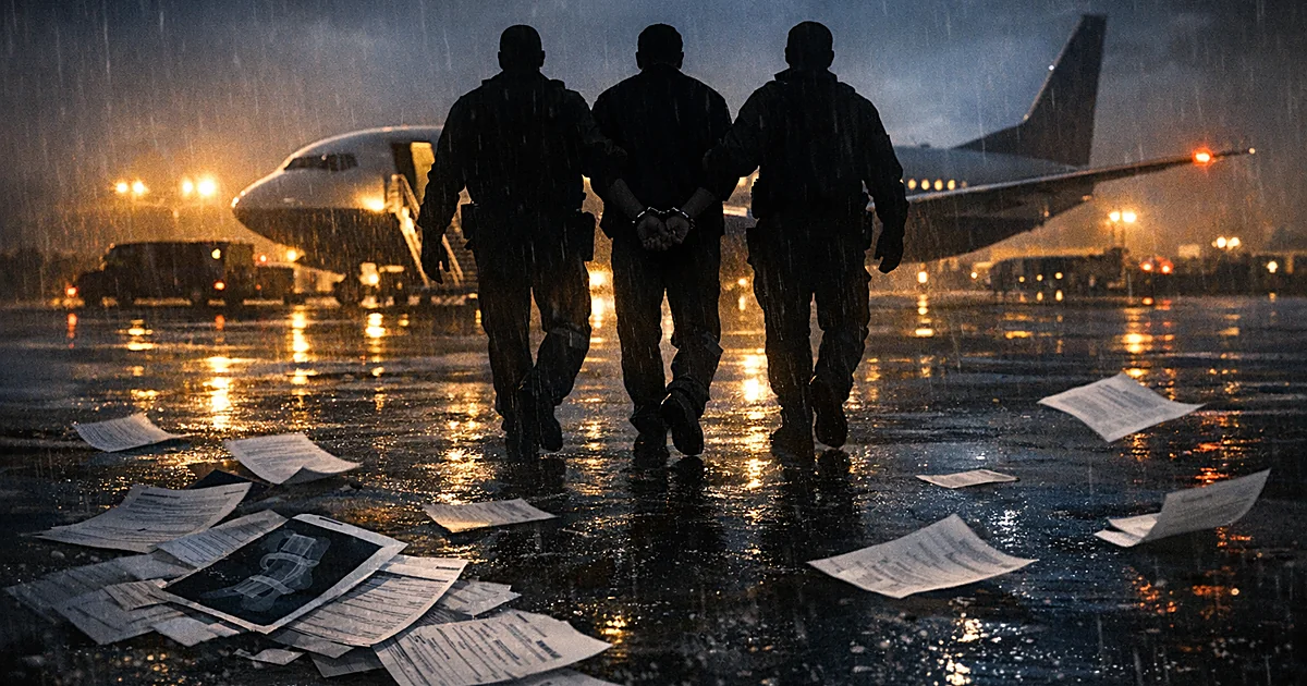 Silhouetted figures escort handcuffed person across airport tarmac with scattered medical documents in foreground