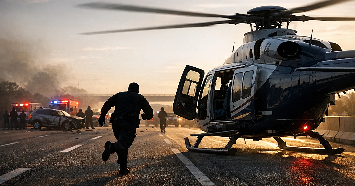 Silhouetted figure running toward medical helicopter on highway with crashed vehicles in background