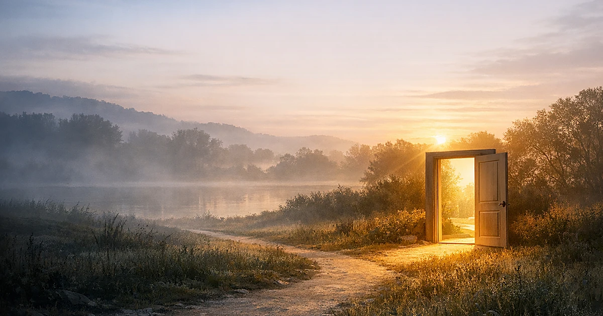 Abstract image of dawn light breaking through darkness with an open doorway leading to safety