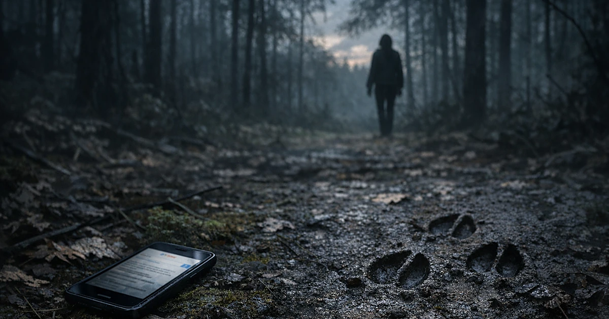 Dark forest clearing with smartphone on ground, boar tracks in mud, and distant silhouette among trees at dusk