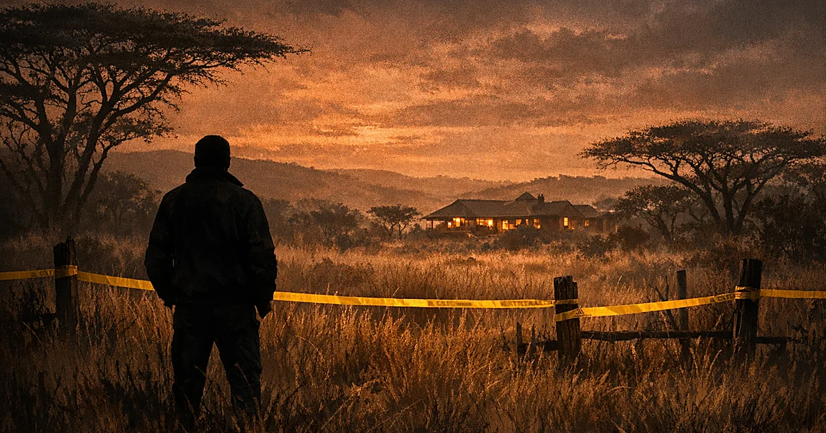 Silhouetted figure at dusk on South African wildlife estate with police tape cordoning off area in bushveld