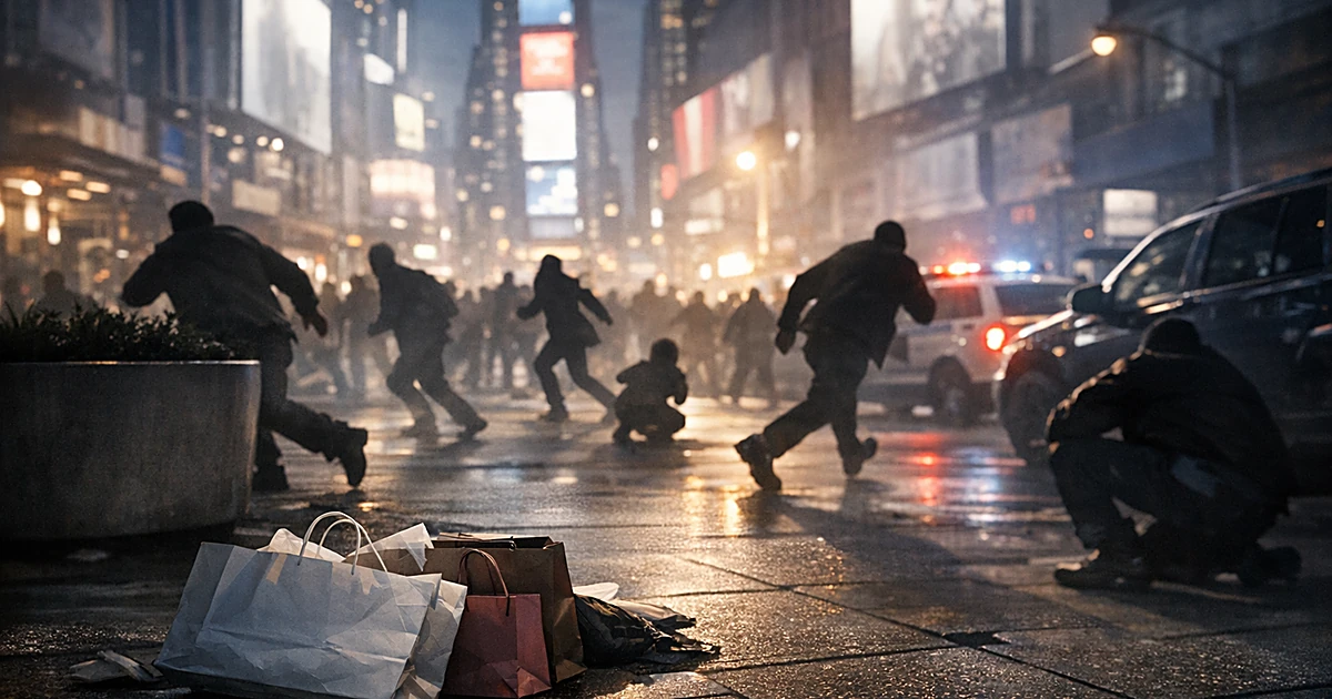 Silhouetted people scatter and take cover behind planters in an urban plaza with abandoned shopping bags on the ground