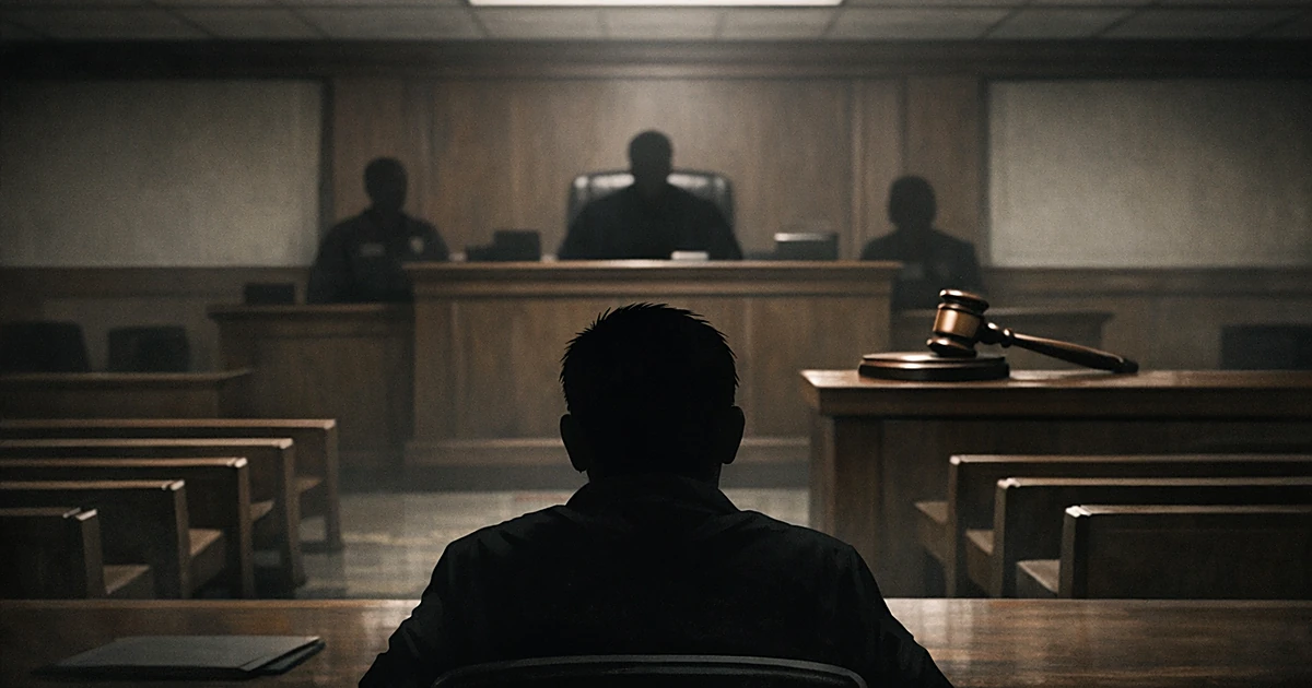 Silhouette of defendant seated in courtroom facing judge's bench under harsh institutional lighting
