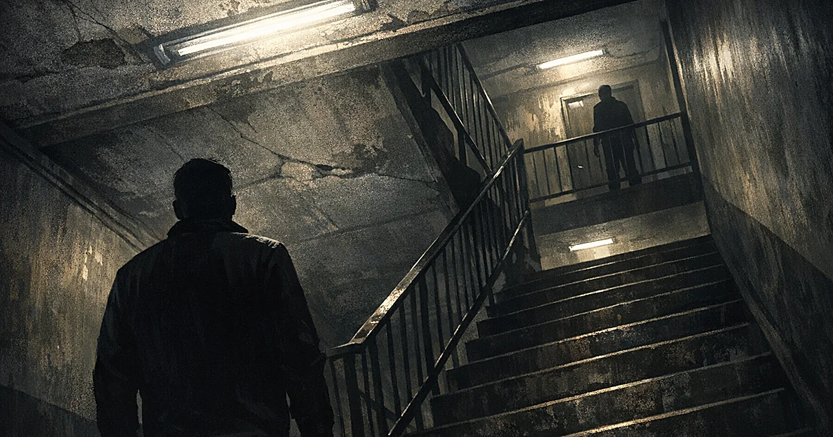 Dark apartment building hallway at night with silhouetted figure and deteriorating infrastructure