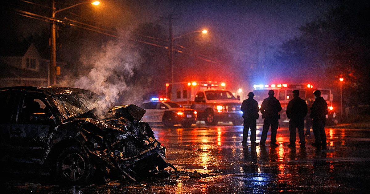Dark intersection at night with damaged vehicle silhouette and emergency lights reflecting on wet pavement