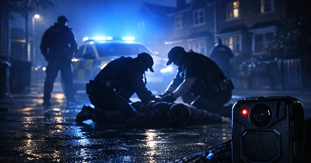Nighttime police scene with silhouetted officers on pavement, illuminated by blue emergency lights and body camera