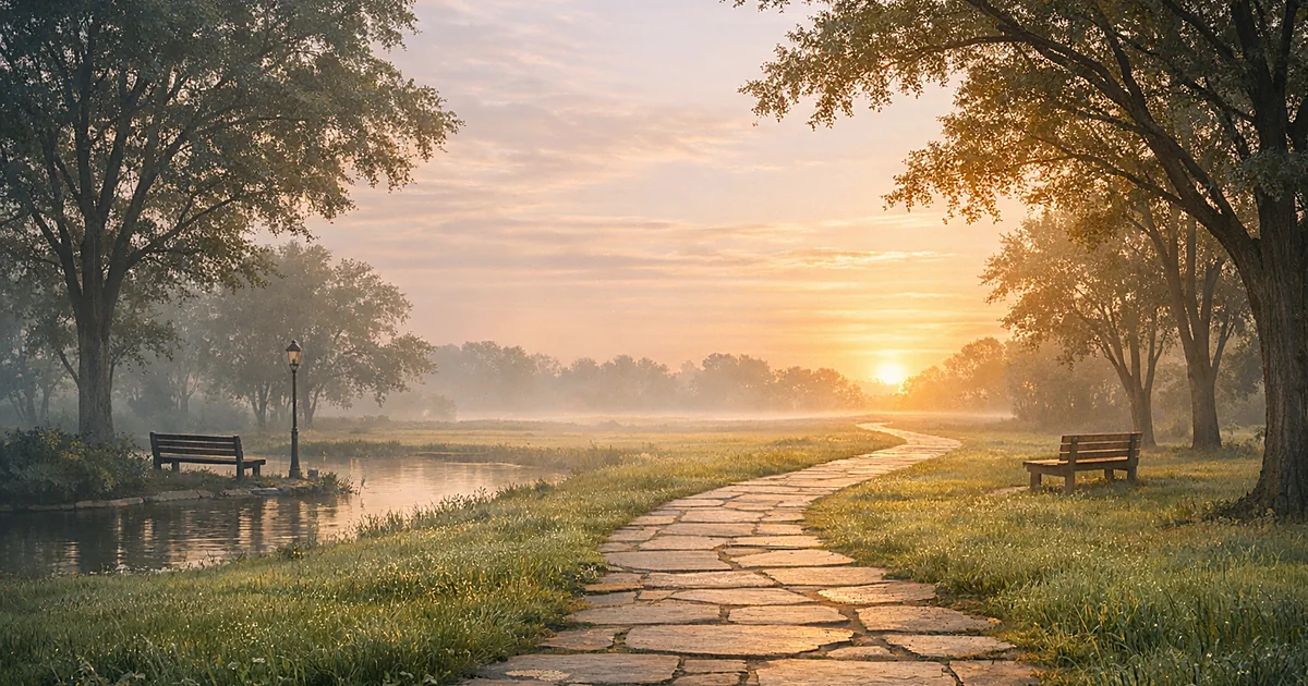 Peaceful park pathway at dawn with soft sunlight filtering through trees