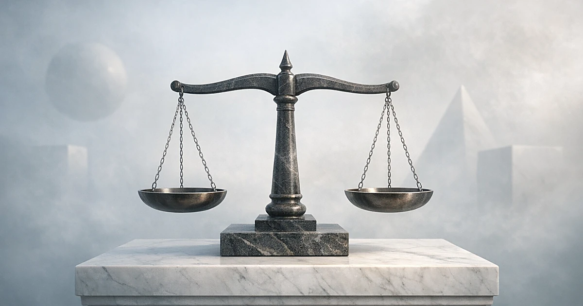 Abstract stone balance scale on pedestal in soft misty light with floating geometric shapes