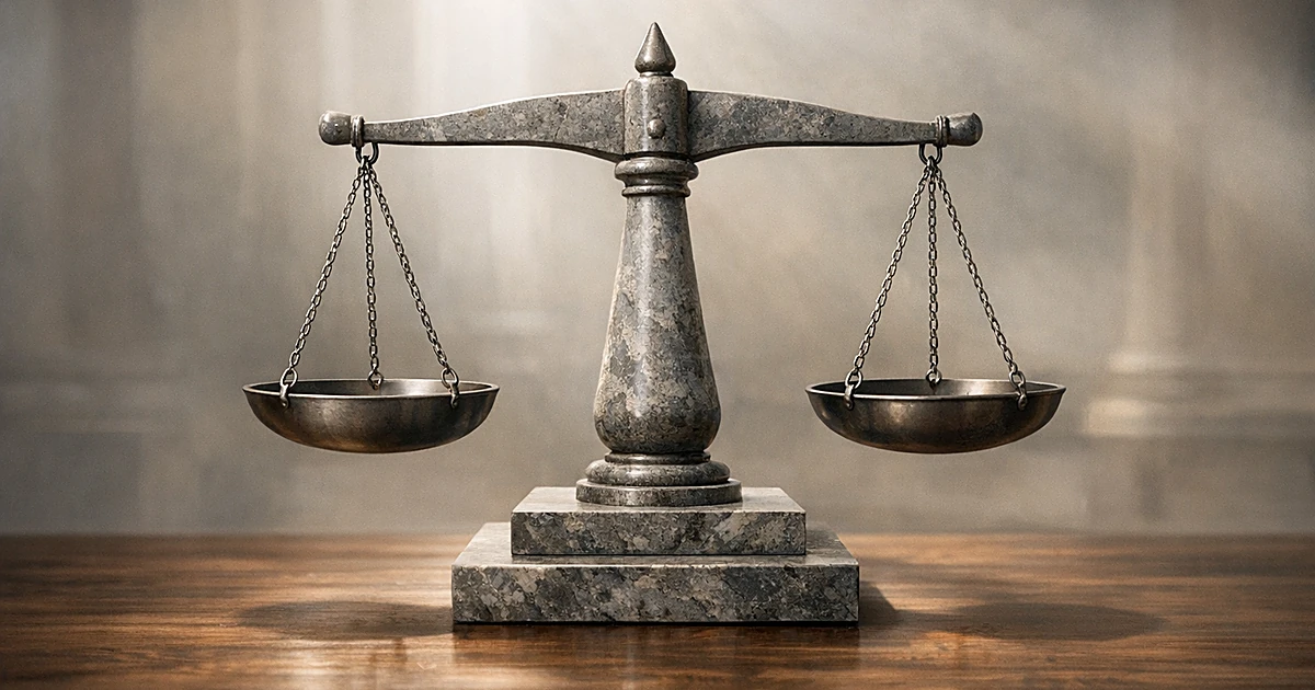 Abstract stone scales of justice on wooden surface with soft natural lighting
