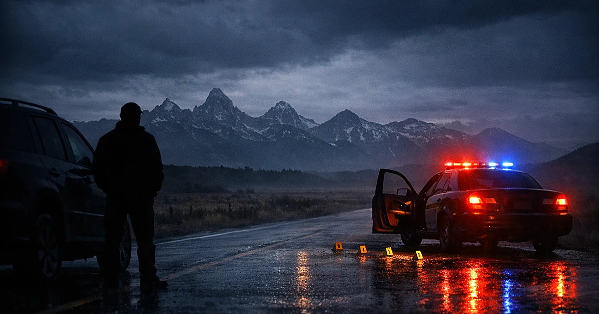 Silhouetted figure by vehicle on Idaho highway with police car lights illuminating the scene at dusk