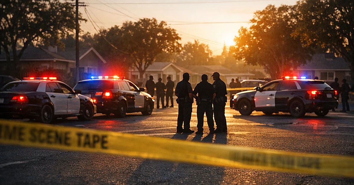 Police vehicles with flashing lights at a cordoned intersection with officer silhouettes in late afternoon