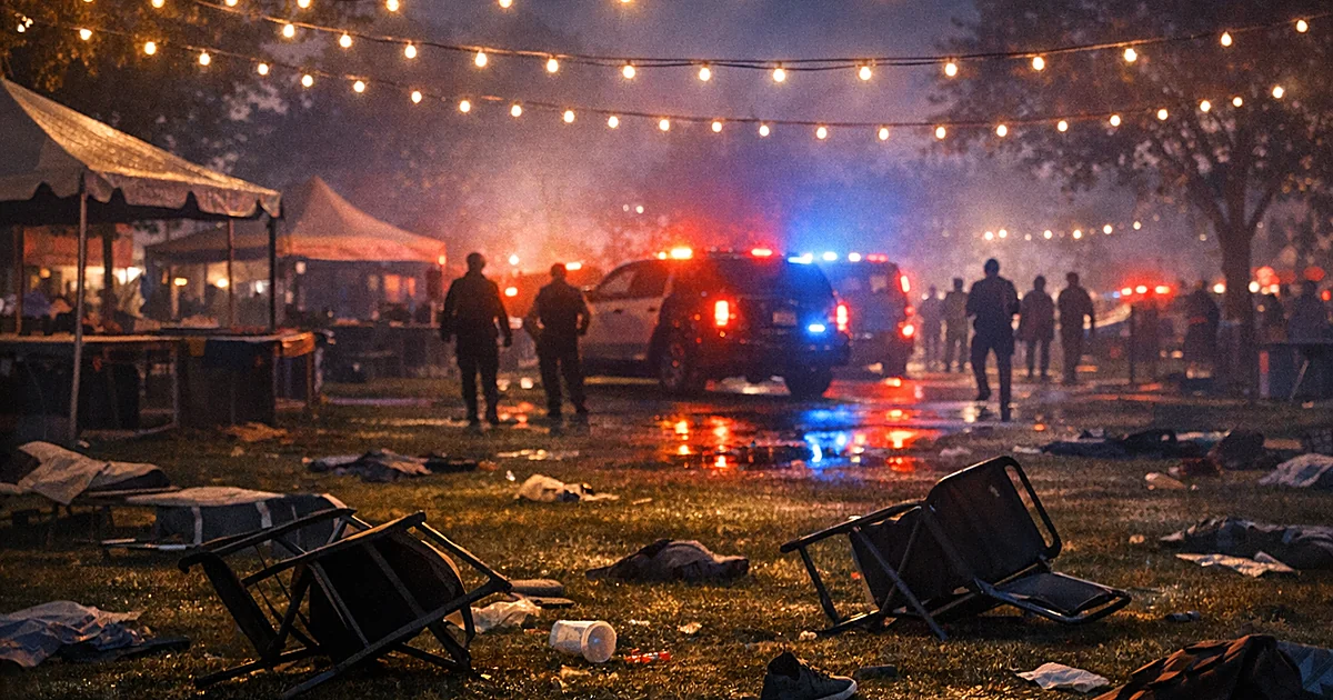 Abandoned festival scene at night with overturned chairs and emergency lights illuminating empty park grounds