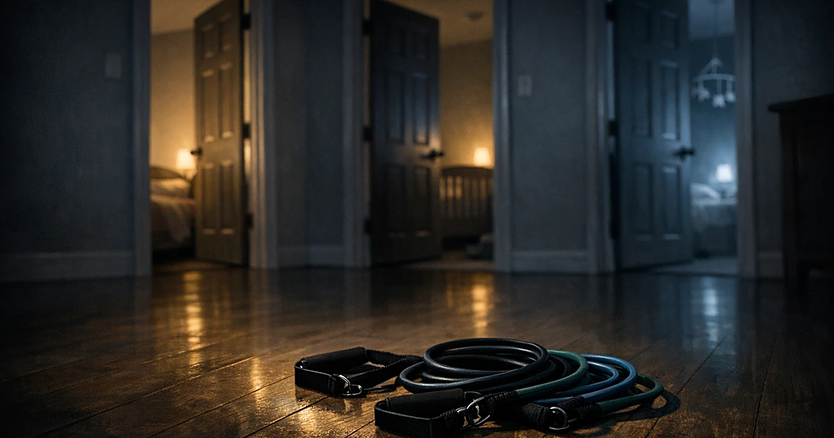 Dark hallway with children's bedroom doors and exercise bands on floor in empty suburban home