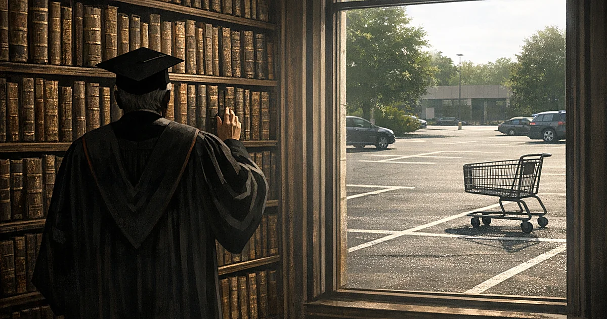 Academic figure from behind facing library books with parking lot visible through window