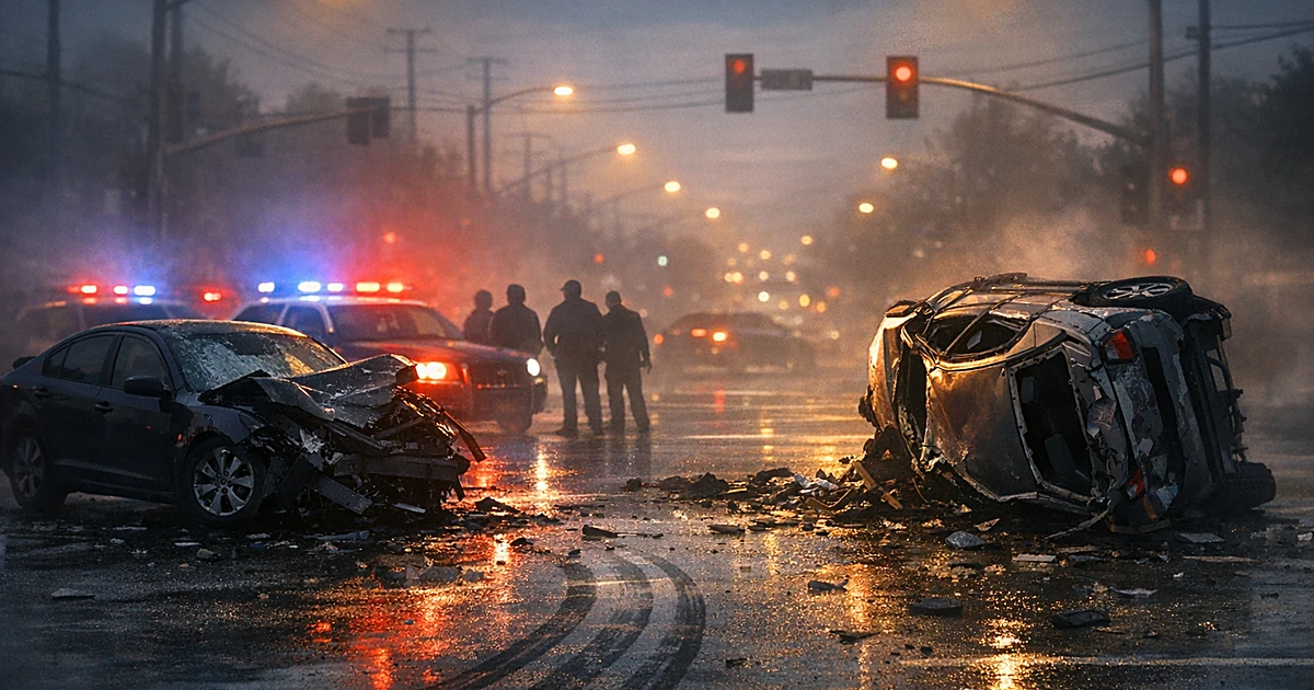 Two damaged vehicles at an urban intersection with emergency lights and debris scattered on wet pavement at dusk