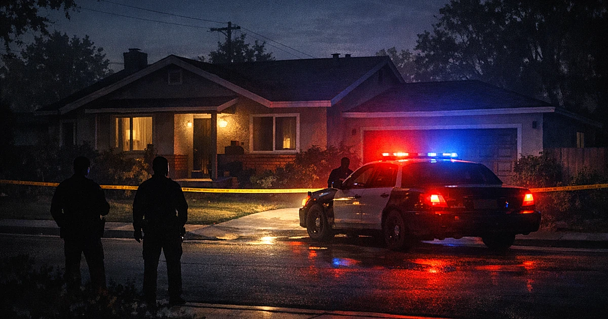 Police car with emergency lights outside a residential home at night in a suburban neighborhood