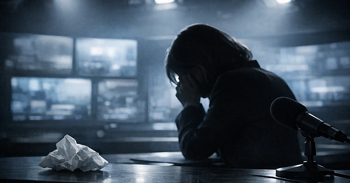 Silhouetted figure hunched at broadcast desk in darkened TV studio with glowing monitors and tissue on desk surface