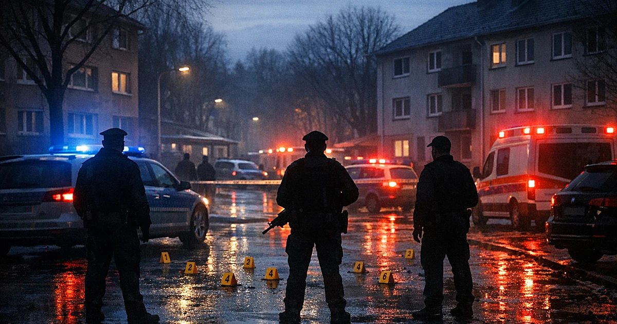 Emergency vehicles with flashing lights illuminate a quiet residential street at dusk with police silhouettes