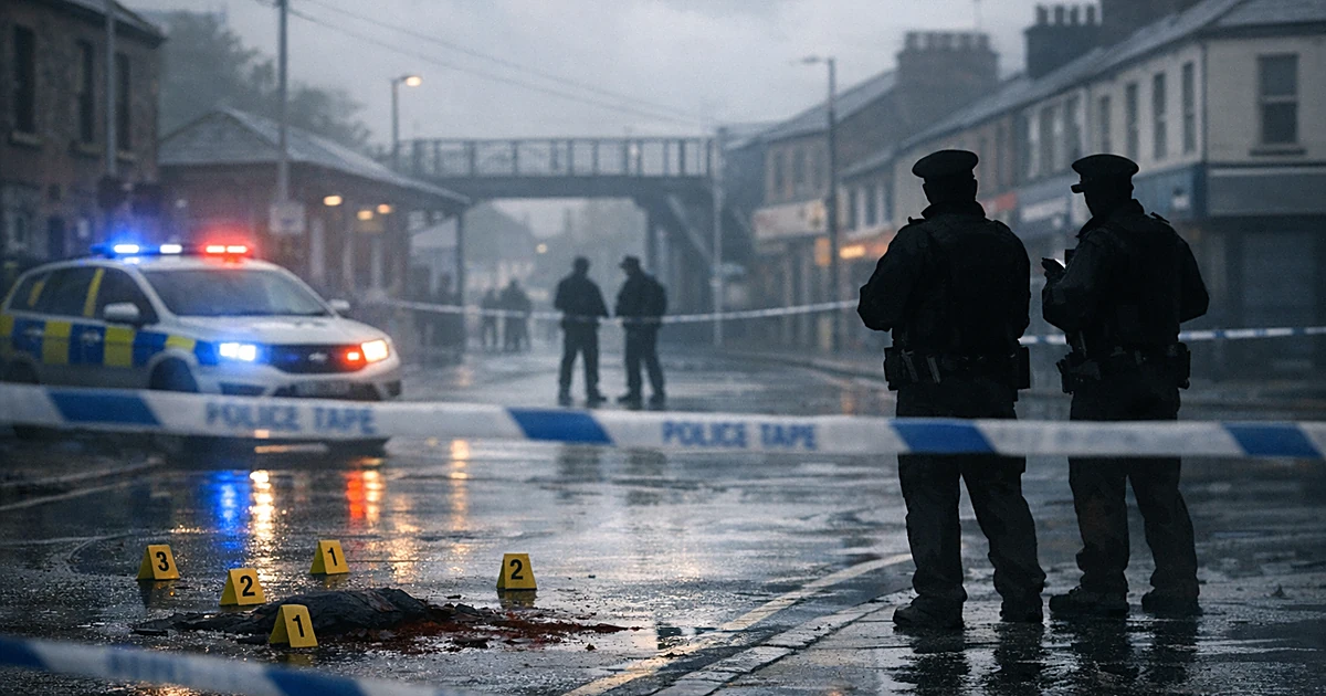 Police cordon and emergency vehicle lights on a Northern Ireland street following a violent incident