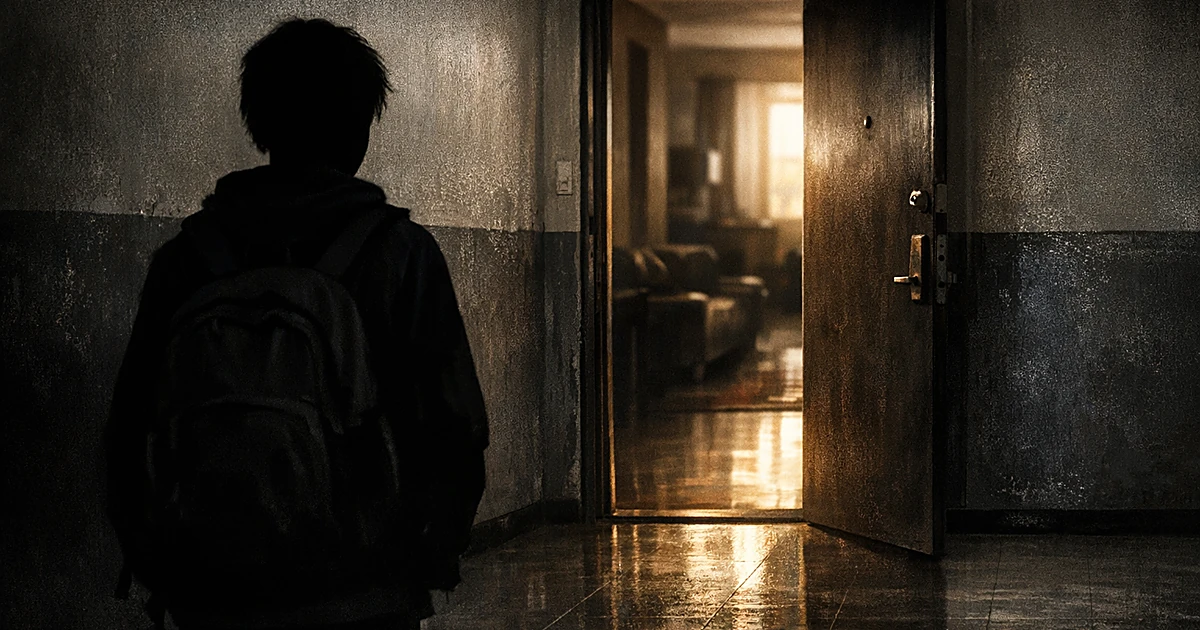 Silhouetted figure with backpack stands at open apartment doorway in dim hallway with afternoon light