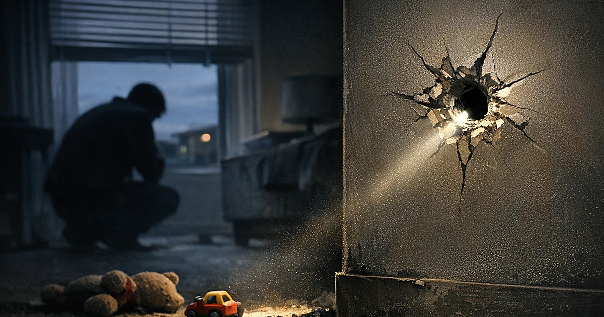 Interior apartment scene showing bullet hole in wall near window with child's toy on floor and adult silhouette