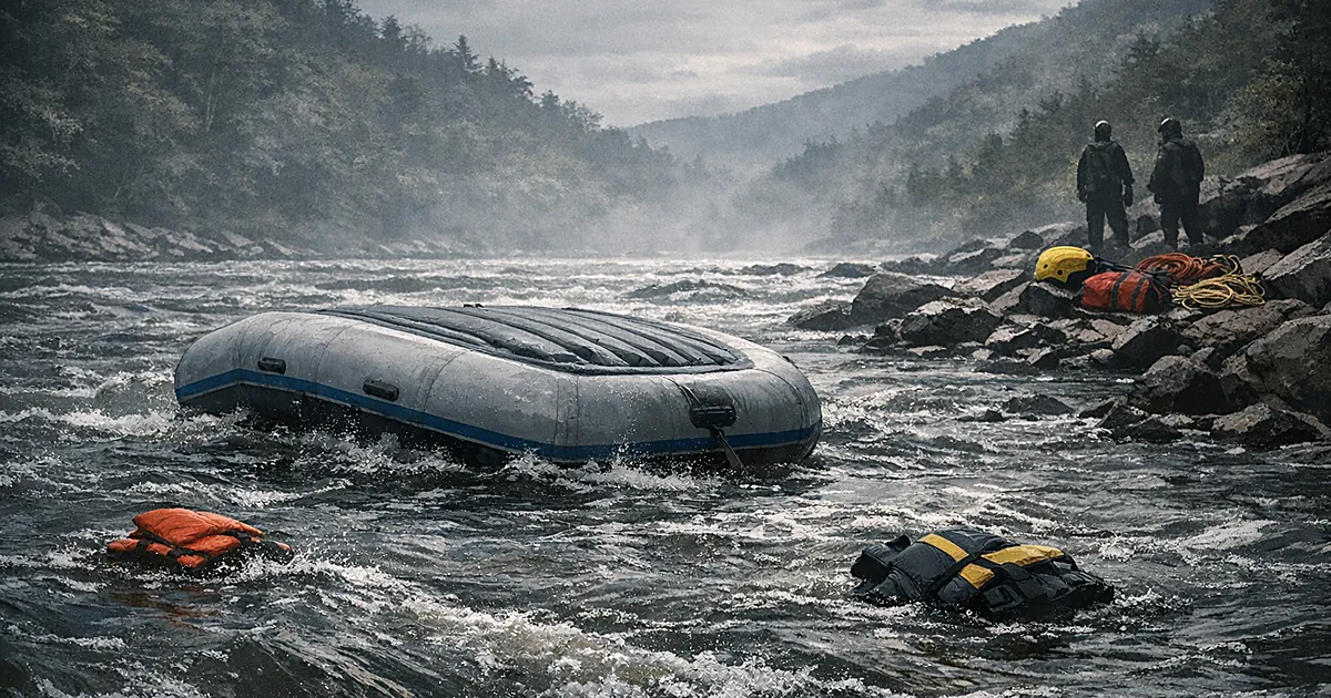 Overturned inflatable raft floating in river water with life jackets drifting nearby and forested mountains beyond