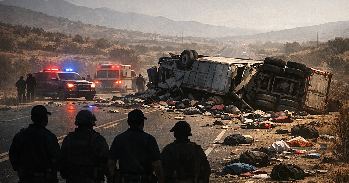 Overturned tractor-trailer on remote highway with emergency responders shown as silhouettes in the distance
