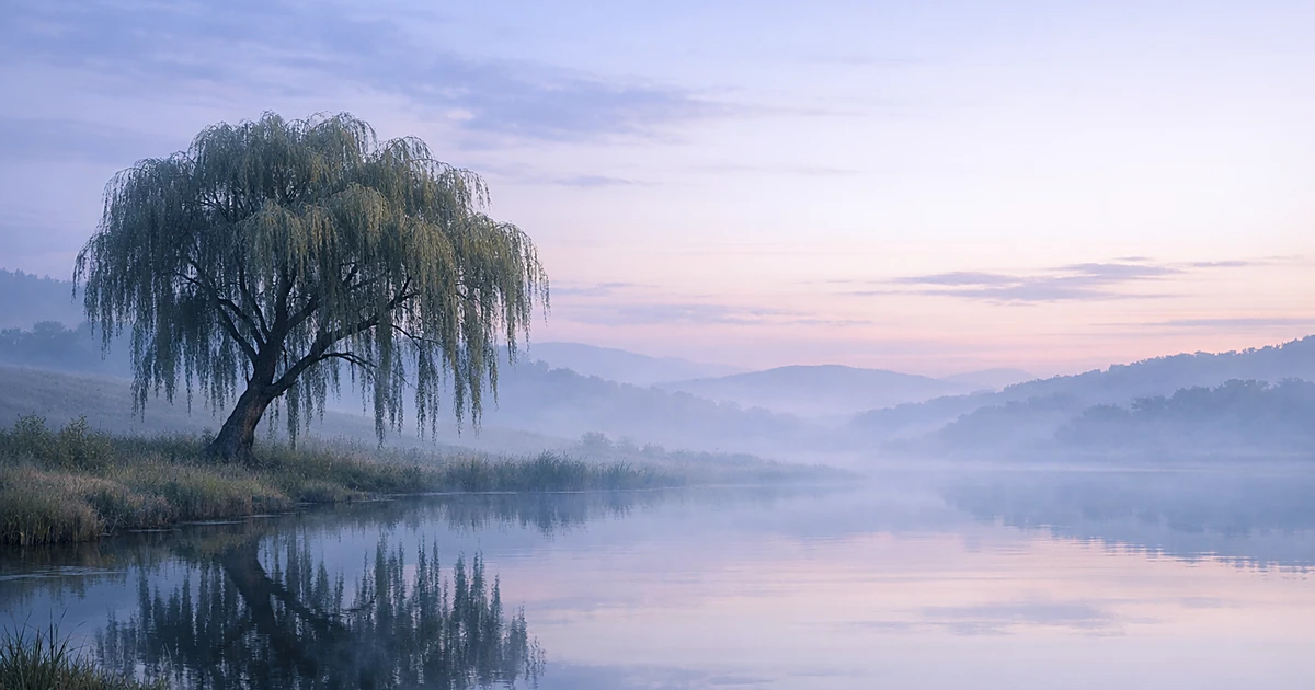 Peaceful misty landscape with willow tree beside calm pond at dawn