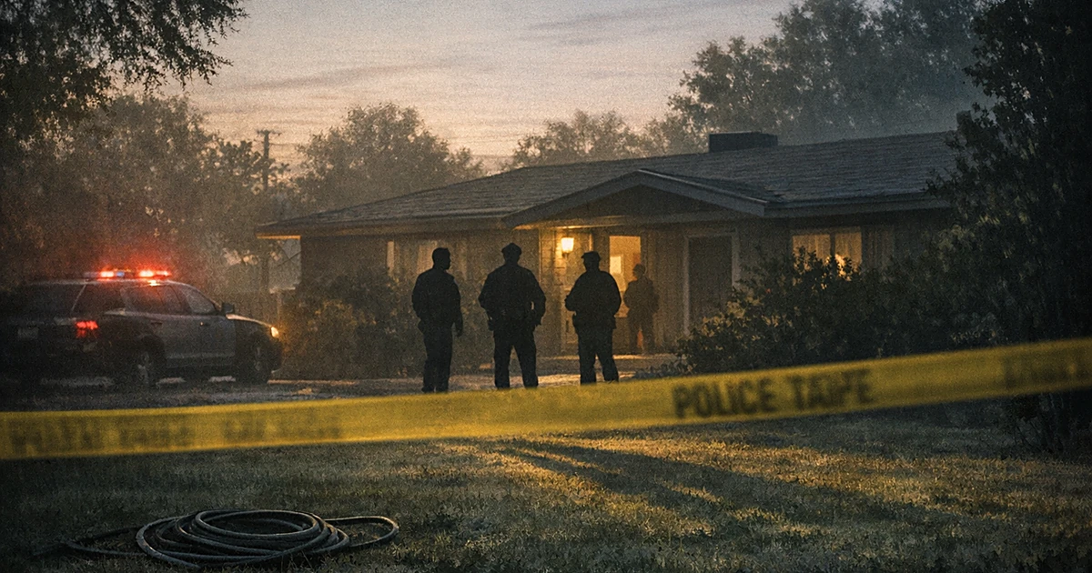 Police tape cordons off a suburban Los Angeles home's front yard at dawn with officer silhouettes in the distance