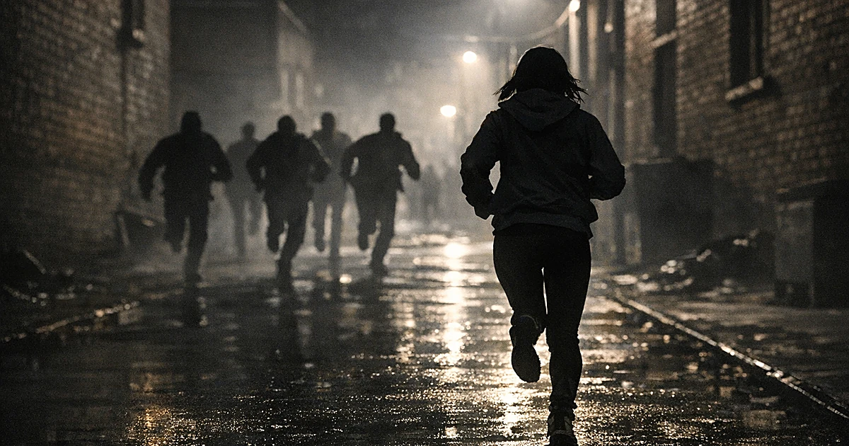 Silhouetted figure fleeing through dark city street at night while shadowy group pursues from behind