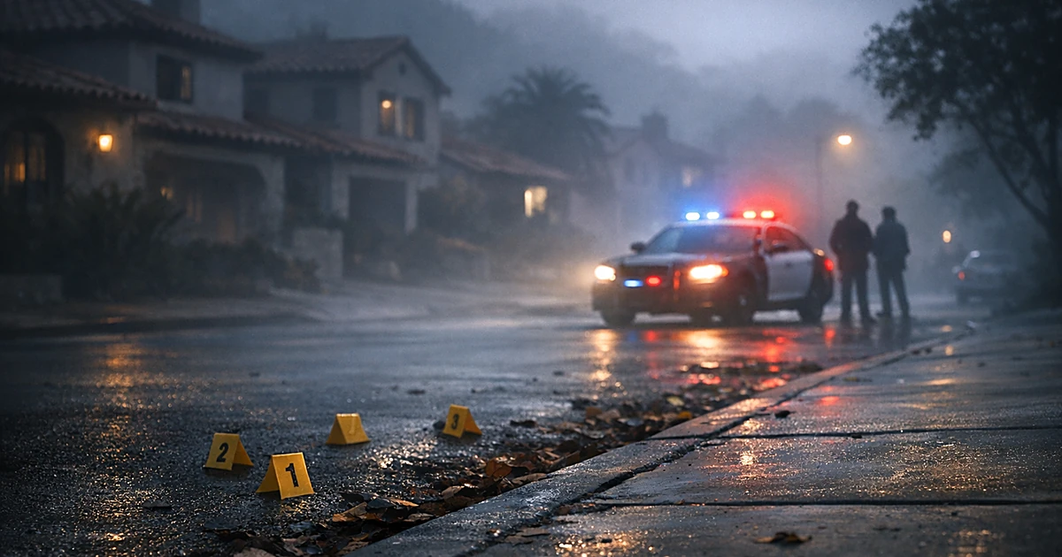 Police evidence markers on a residential street at dusk with patrol car lights illuminating the scene