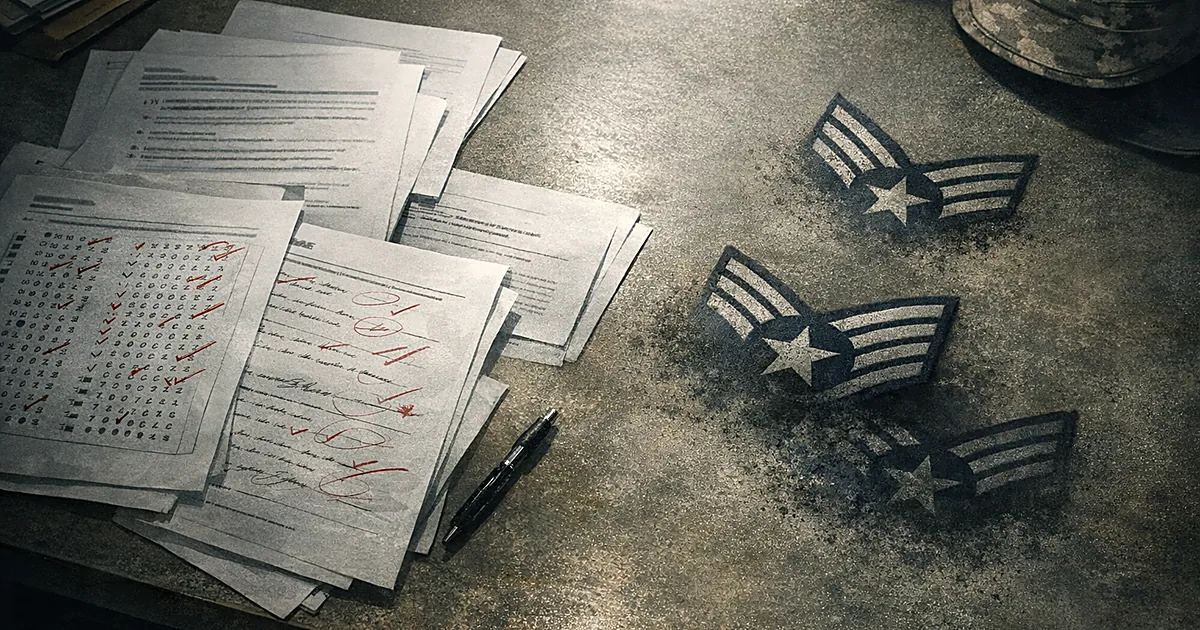 Overhead view of military desk with test papers, correction marks, and fading sergeant rank chevrons in harsh lighting