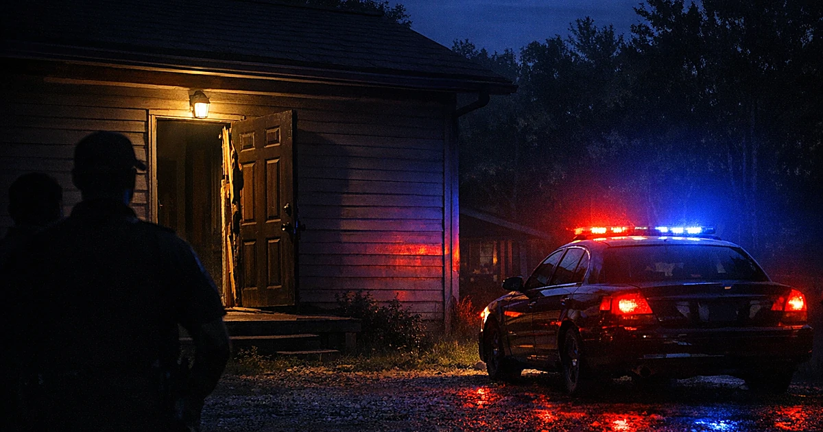 Rural home at night with damaged front door ajar and emergency vehicle lights illuminating the scene