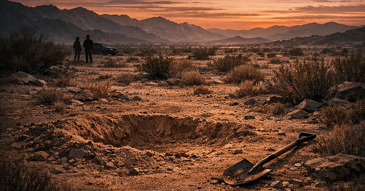 Desolate Arizona desert with disturbed earth and shovel in foreground, mountains in distance at dusk