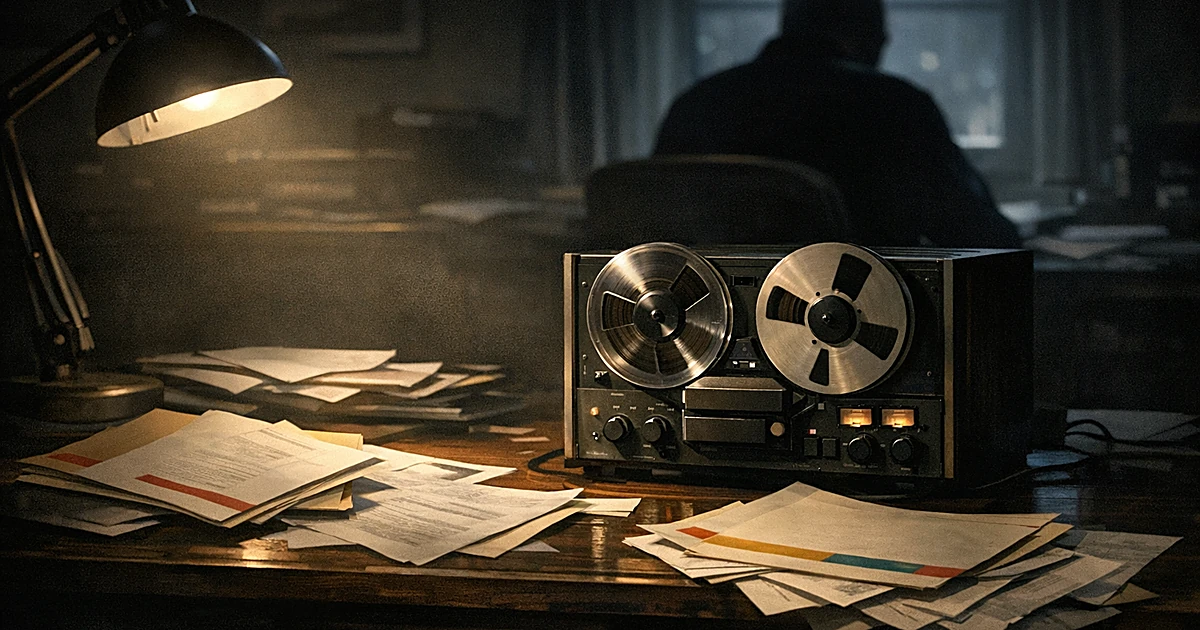 Tape recorder on desk with classified documents and papers scattered around it in dimly lit room