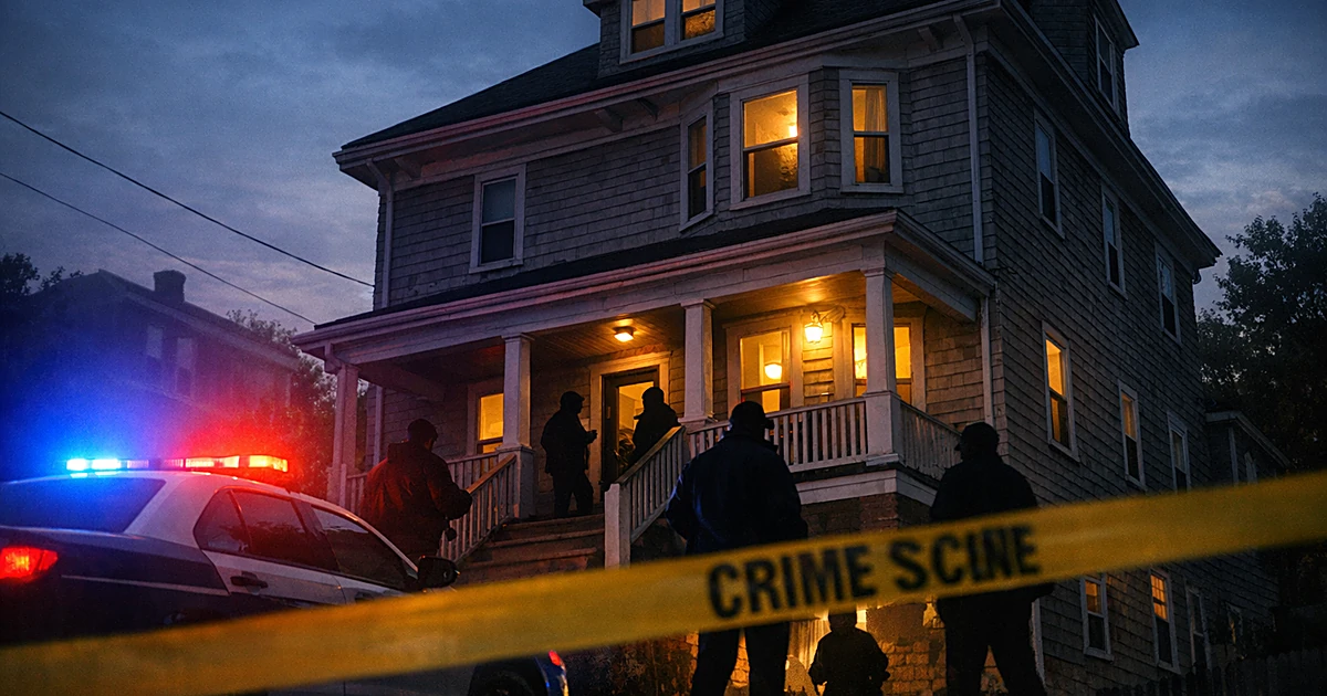 Police lights illuminate a multi-family home with crime scene tape and investigator silhouettes at dusk