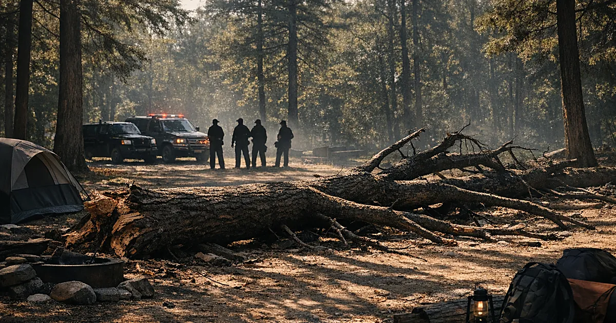 Large fallen tree across a wooded summer camp clearing with emergency responder silhouettes in background