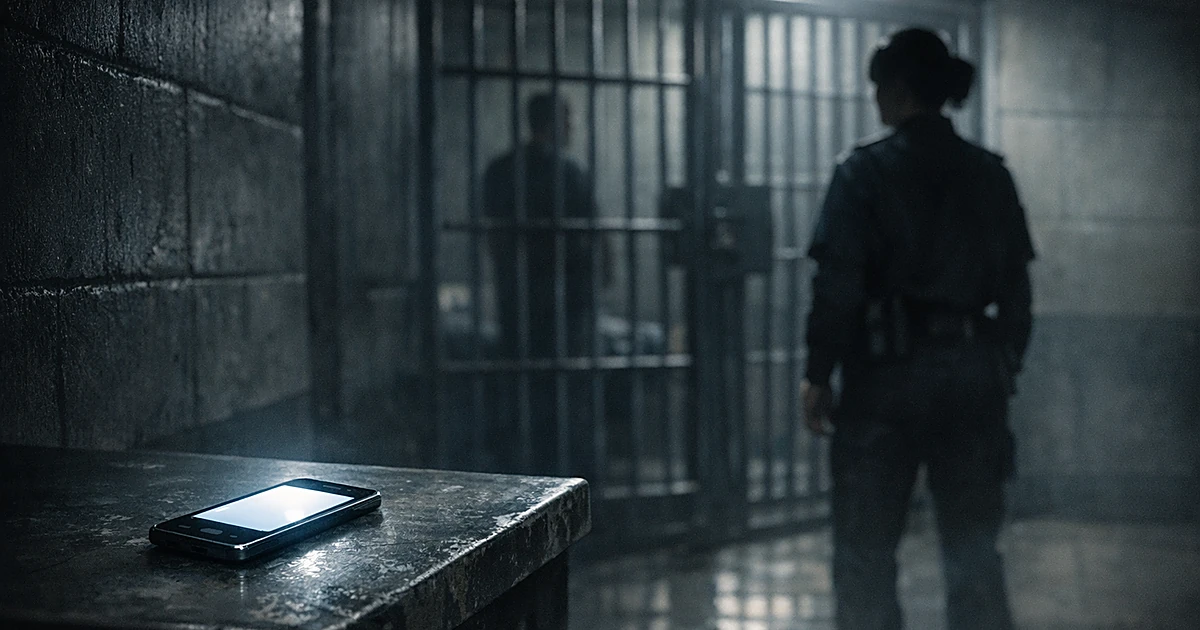 Silhouetted prison guard near cell bars with illuminated mobile phone in foreground of institutional corridor