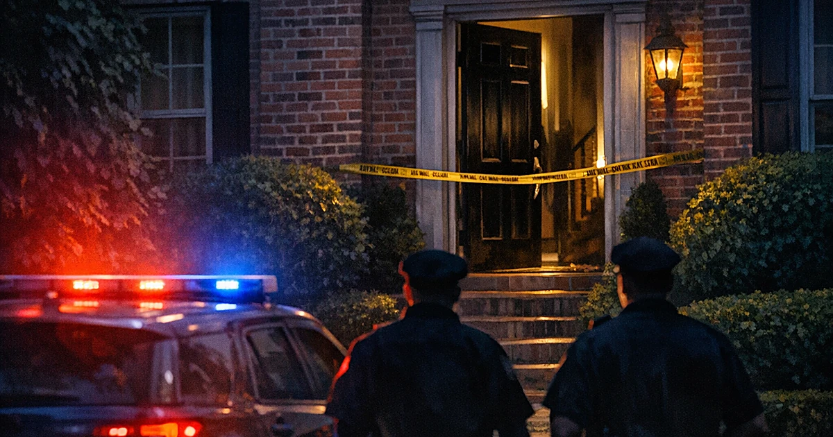 Police vehicles with emergency lights illuminate a townhouse entrance with crime scene tape at dusk