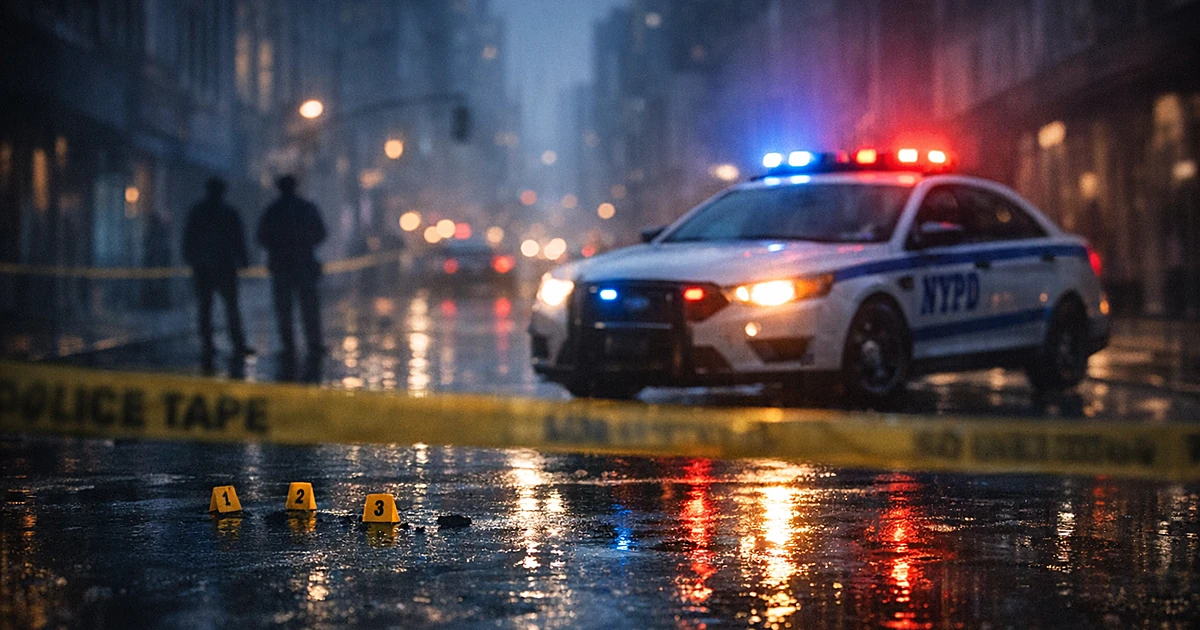 Empty Manhattan street at night with police car lights reflecting on wet pavement and evidence markers on ground