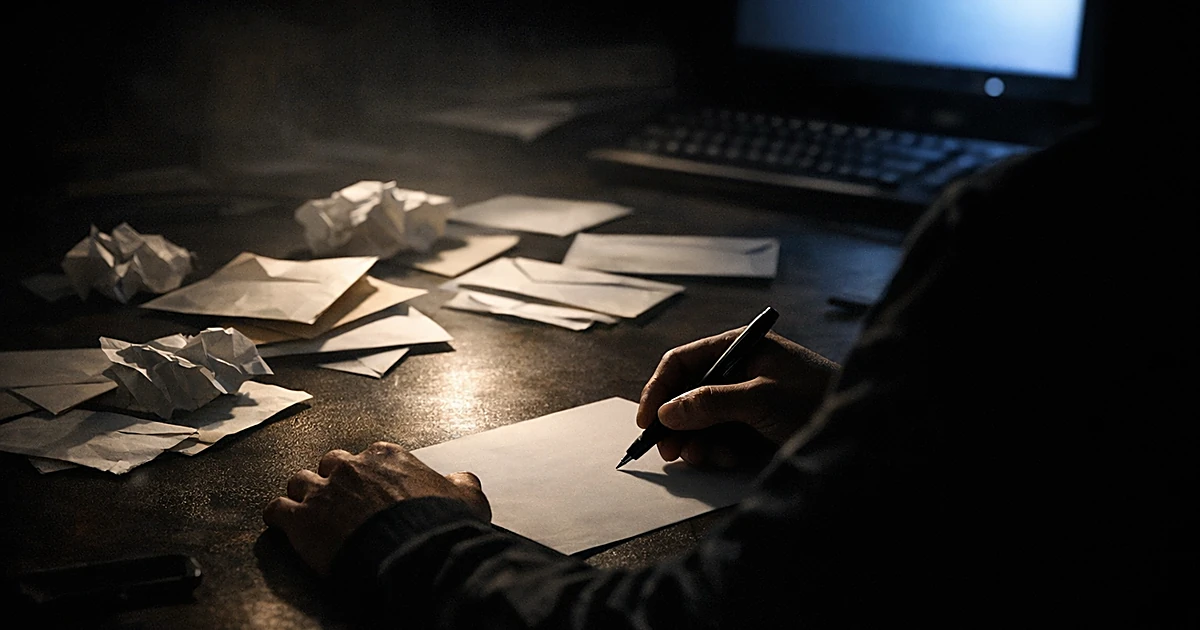 Silhouetted hands writing at desk with scattered envelopes and papers under harsh lighting in dark room